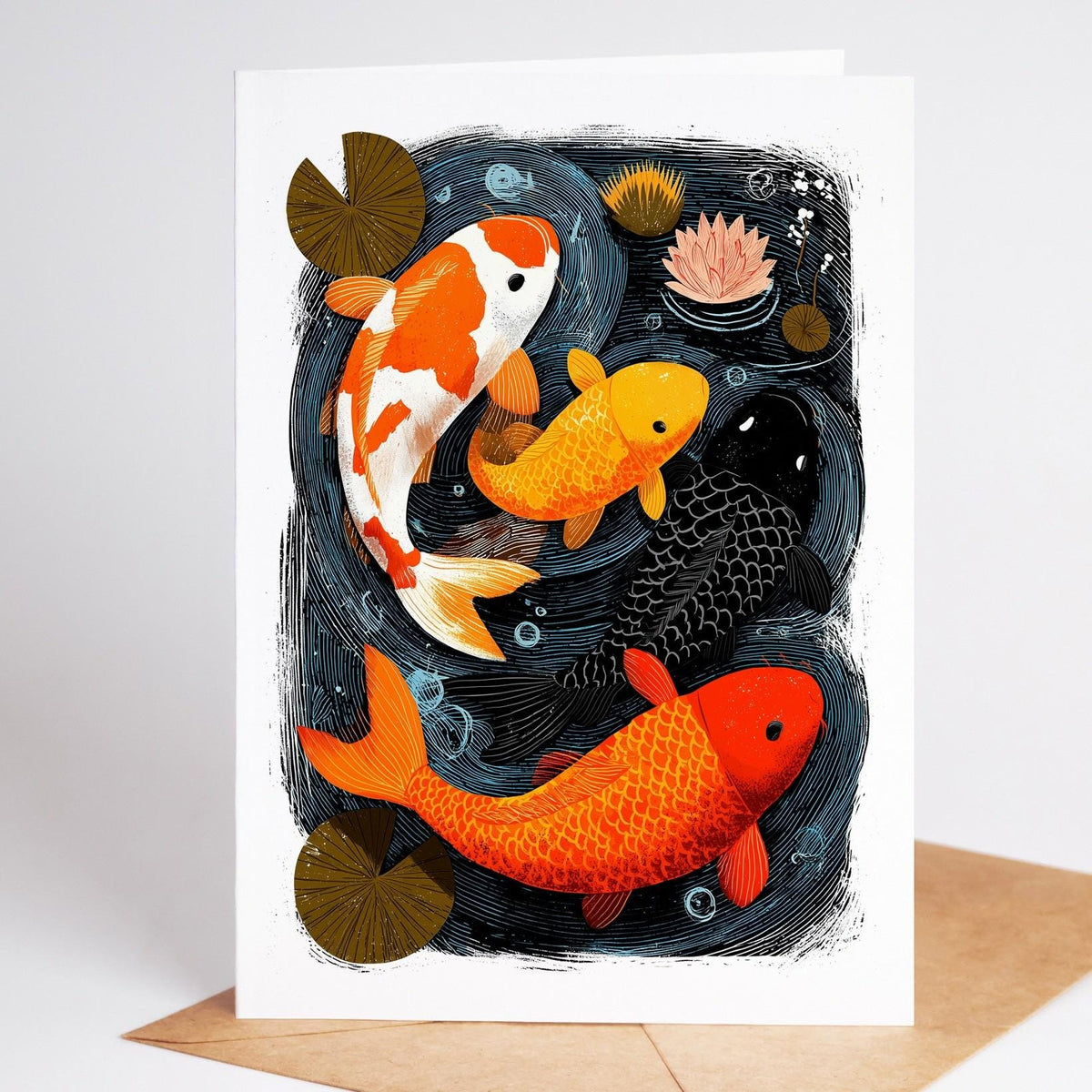 Koi card standing on a kraft envelope, orange, gold and white koi circling among lily pads on dark water