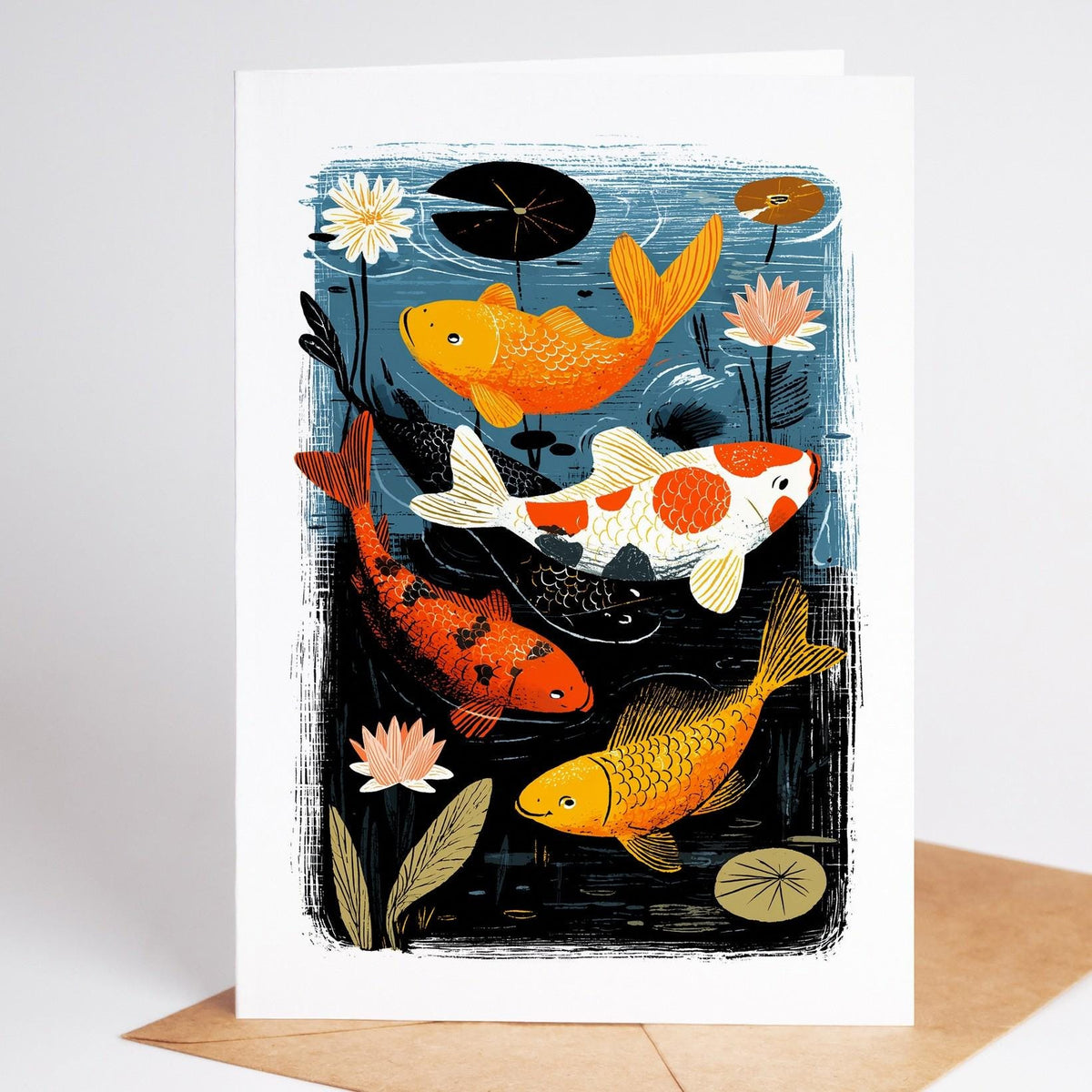 Koi card, gold, red and white koi swimming among pink water lilies