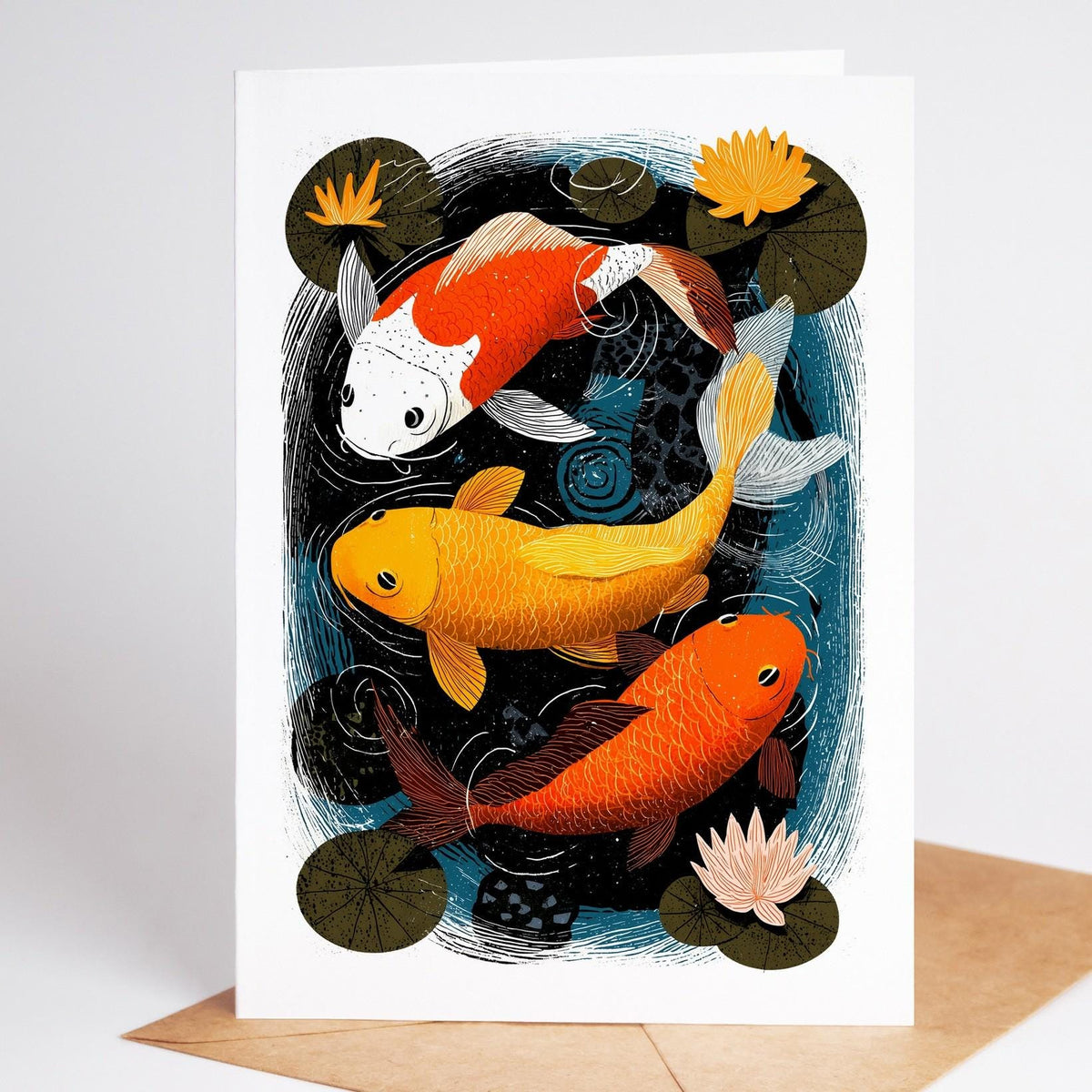 Koi card, white, gold and orange koi swimming in a ring on deep blue water