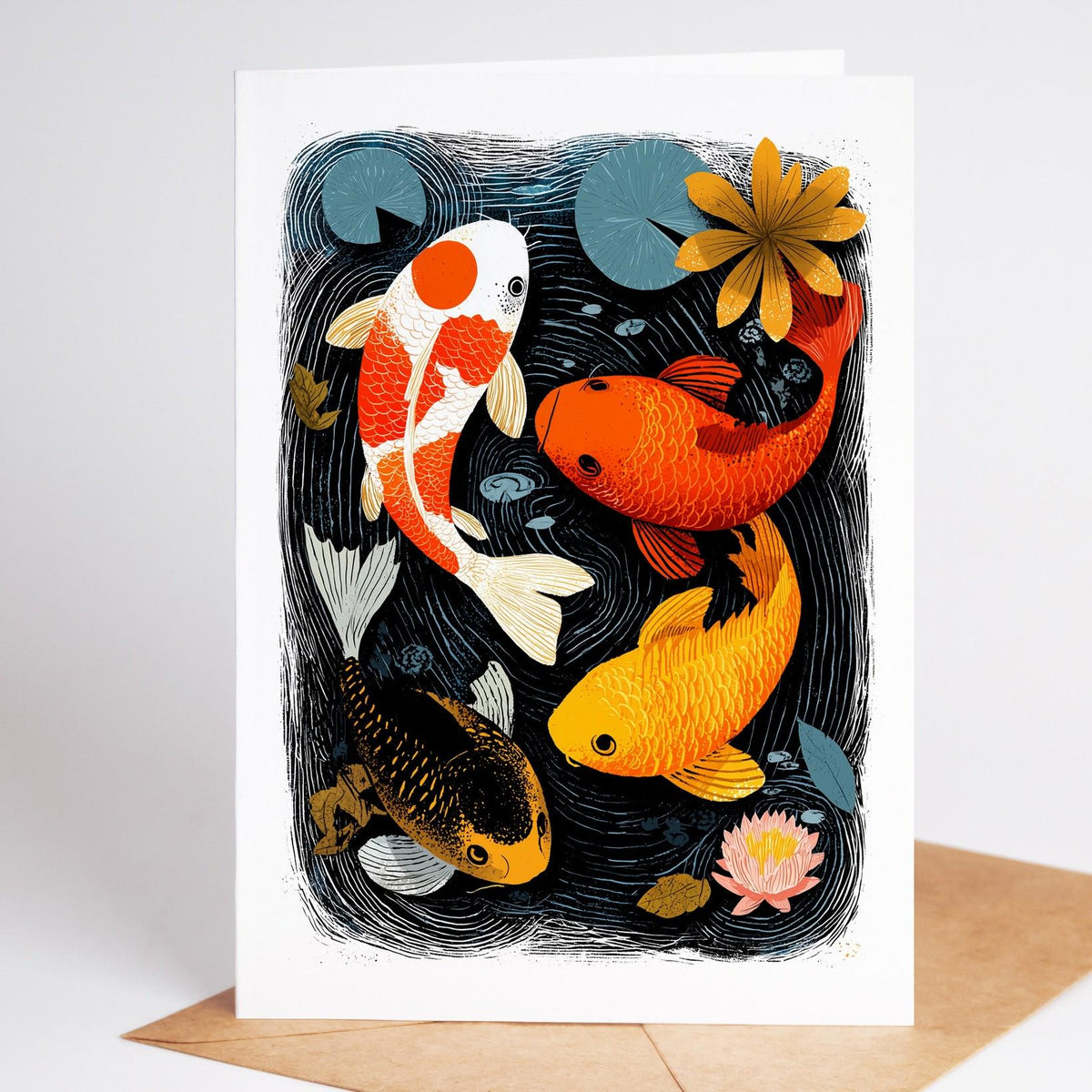 Koi card, white, red and gold koi under a yellow water lily