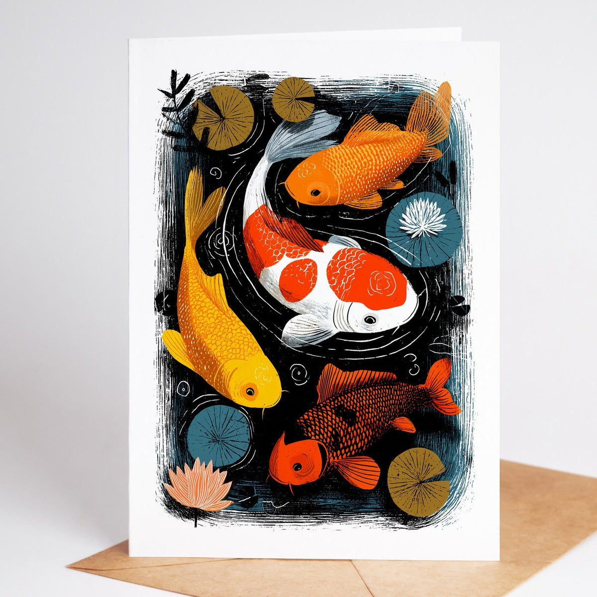Koi card, gold, white and orange koi beside lily pads and pink water lilies