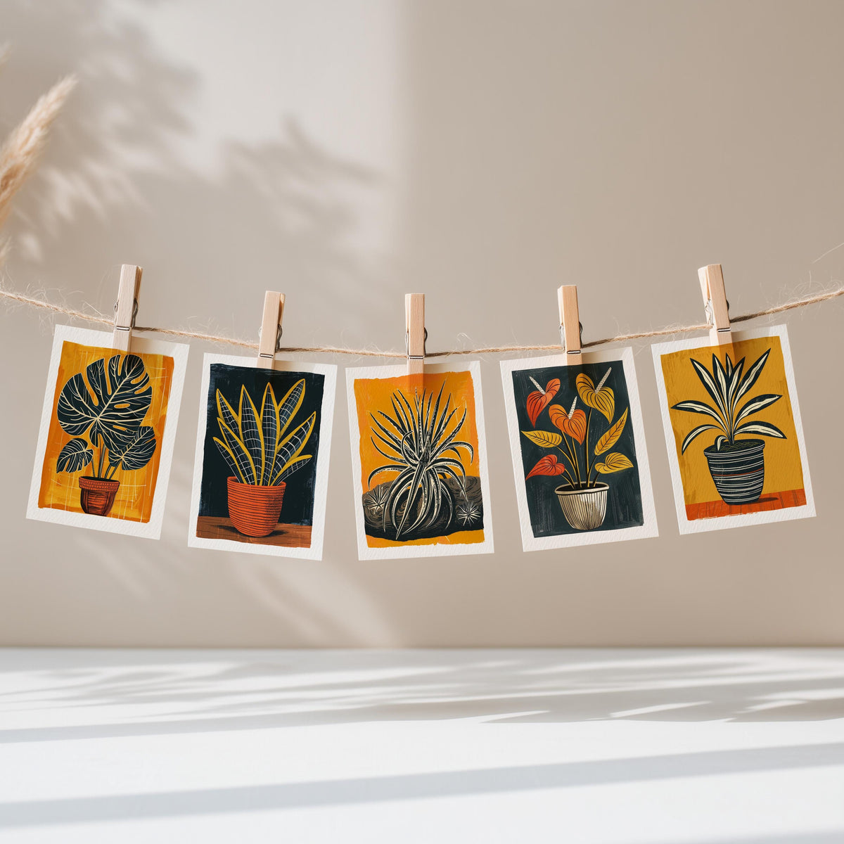 Five houseplant greeting cards pegged on a string in warm daylight