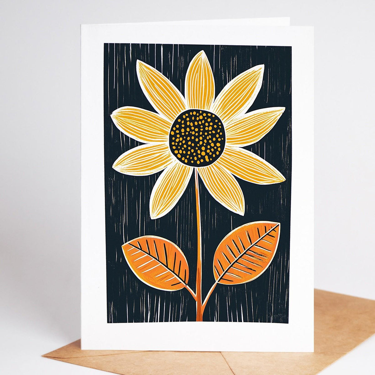 Mid century modern floral card, a golden yellow daisy with orange leaves on black
