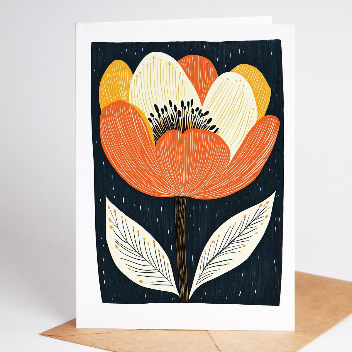 Mid century modern floral card, an orange and cream tulip with white leaves on black