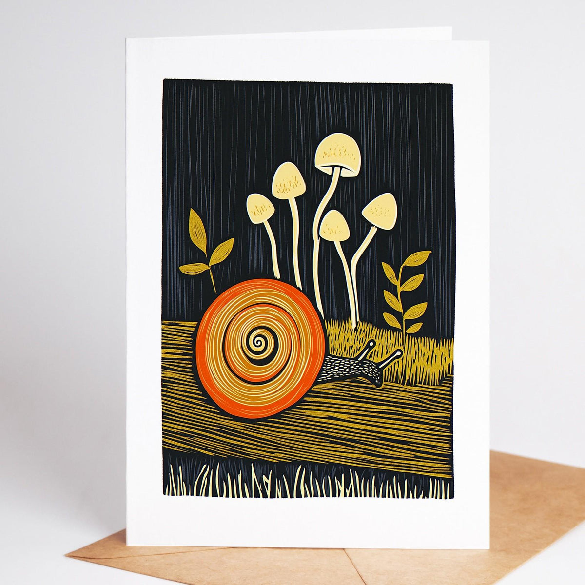 Mushroom card, a snail making its way along a mossy log under small mushrooms