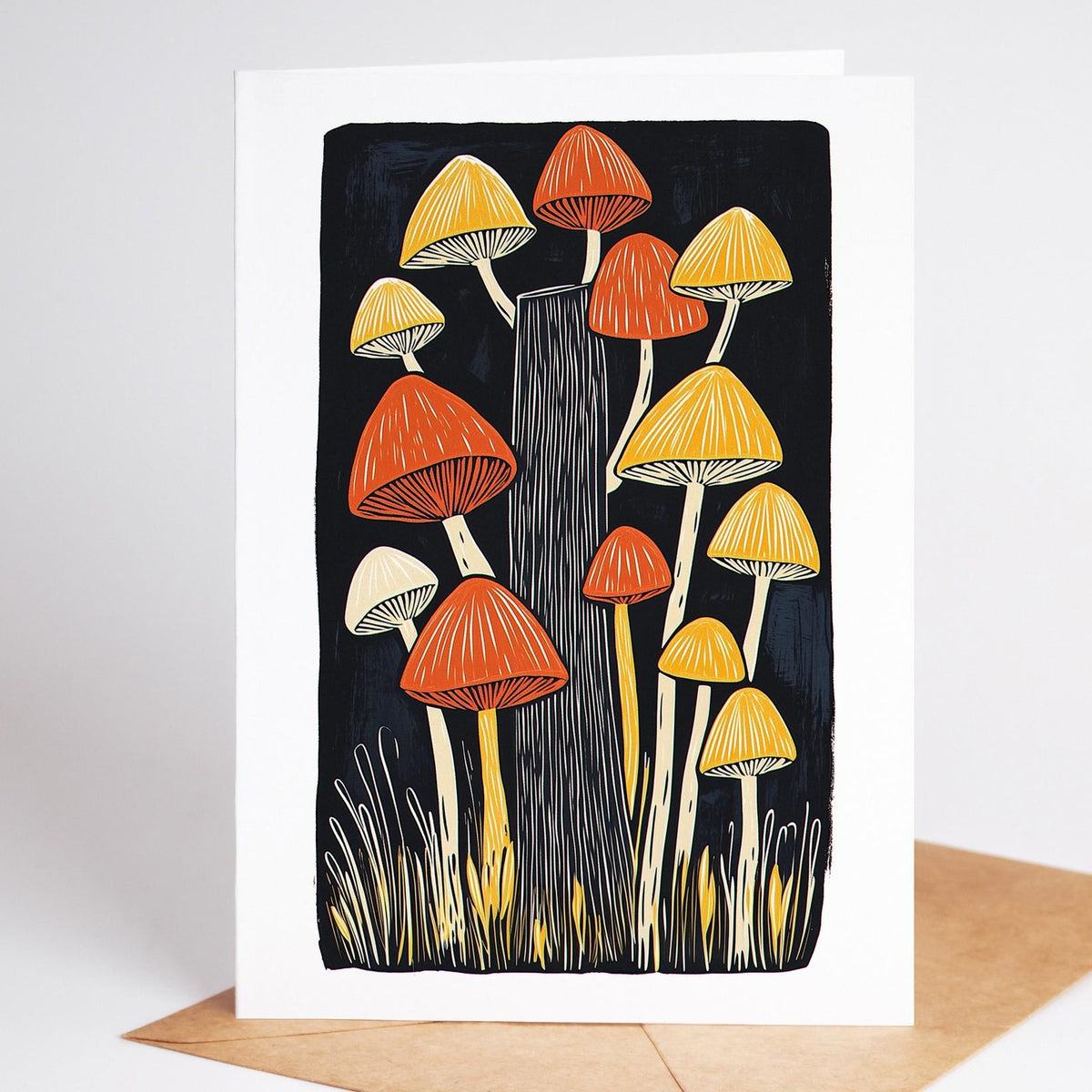 Mushroom card, red and yellow mushrooms crowding round a tree stump
