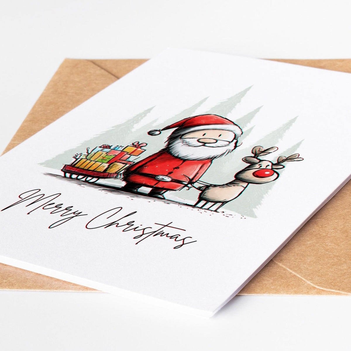 Close-up of the Santa and red nosed reindeer card with a sled of presents