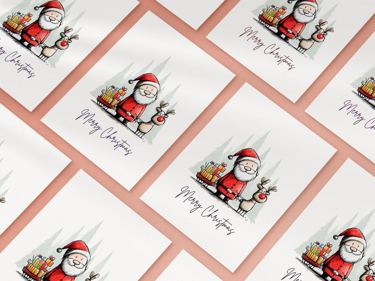 Rows of Santa and reindeer Christmas cards on a pink background