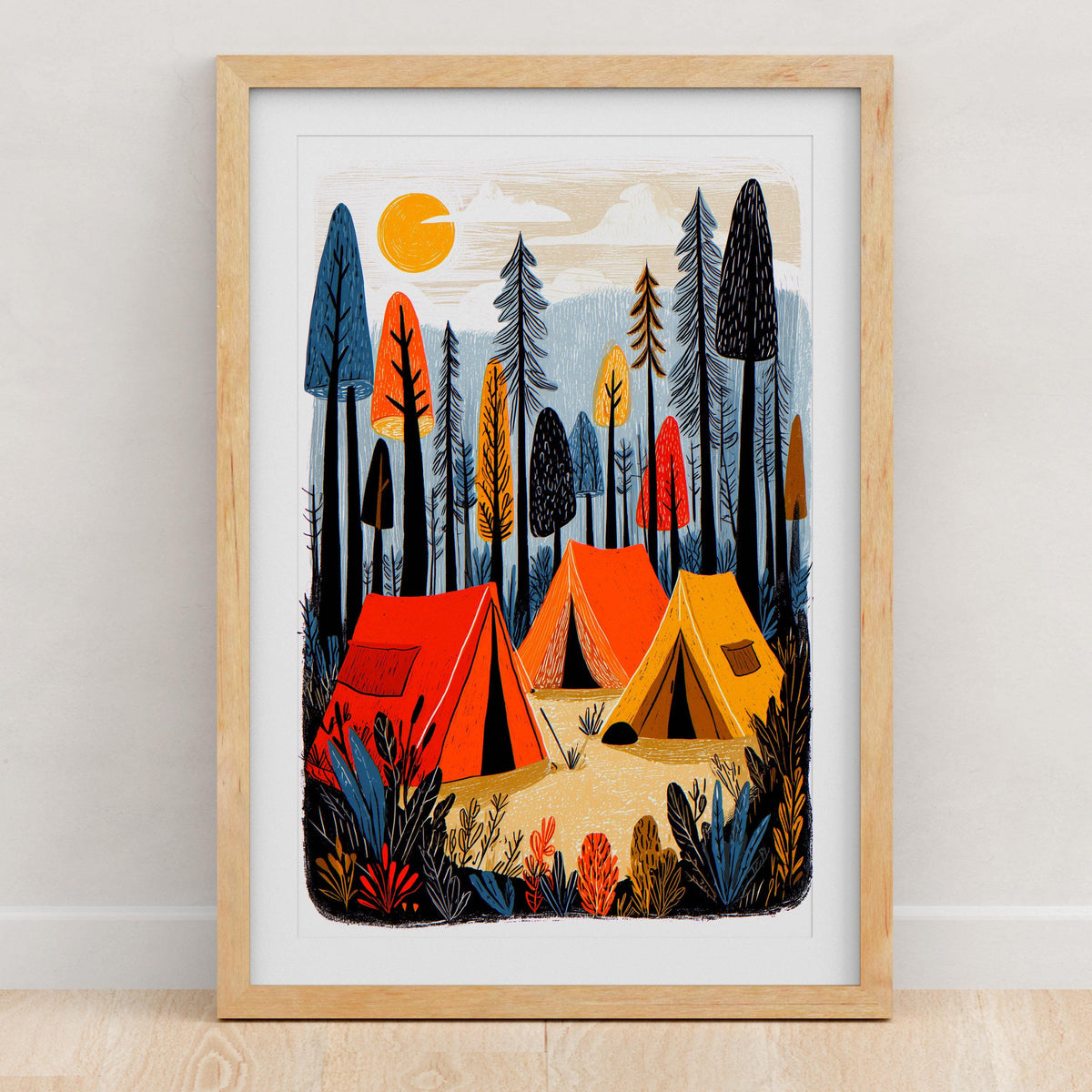Camping folk art wall print, linocut style wilderness scene