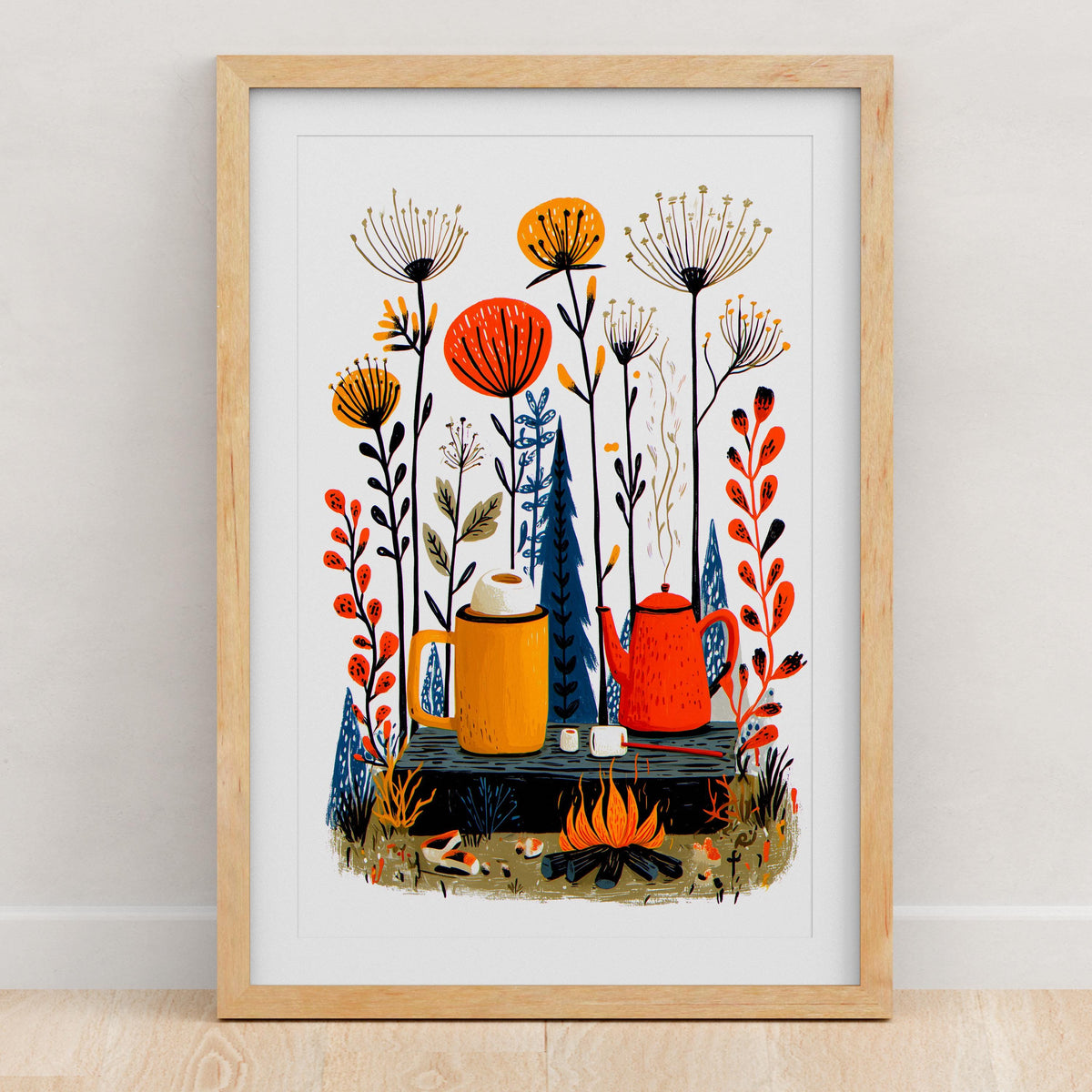 Camping folk art wall print, linocut style wilderness scene