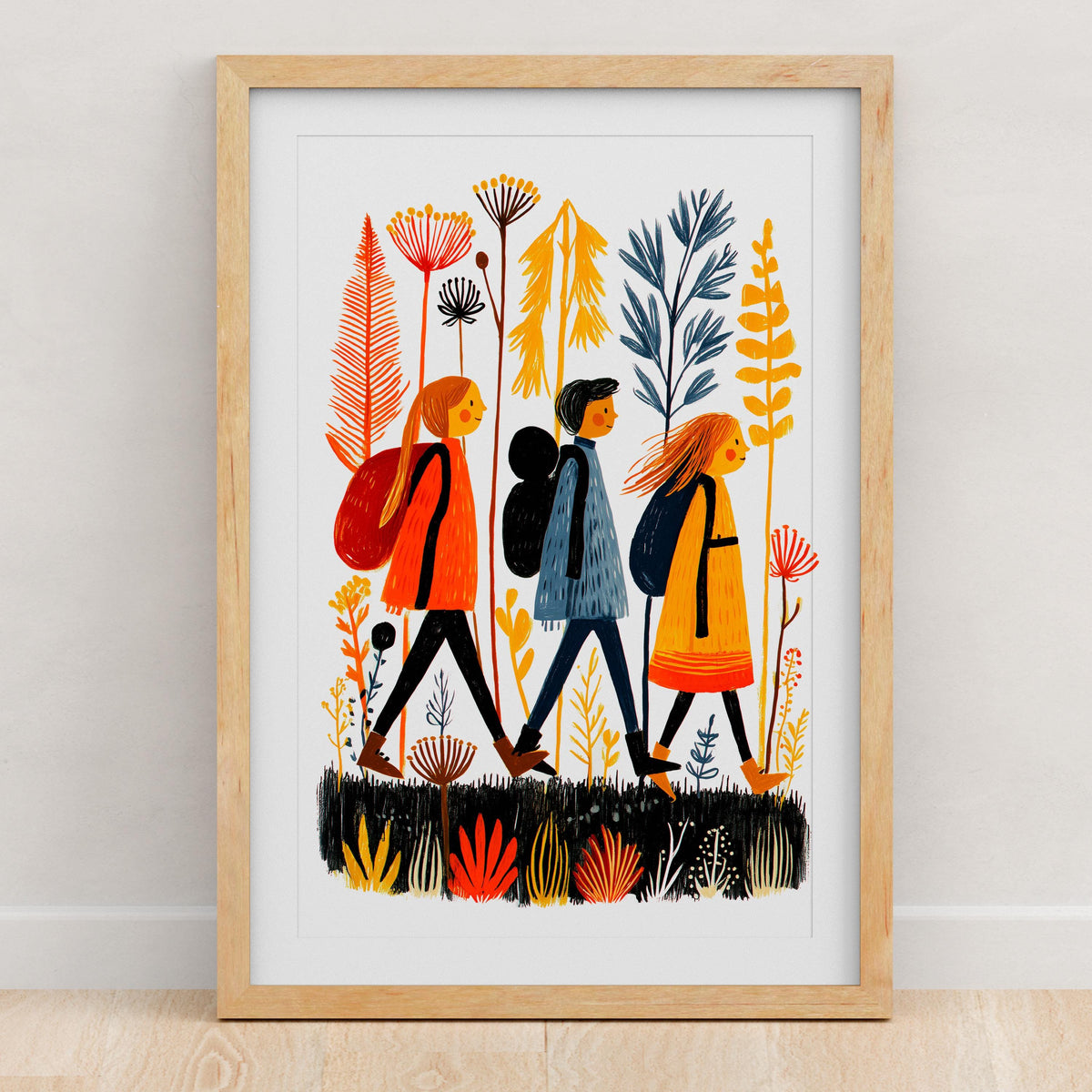Camping folk art wall print, linocut style wilderness scene