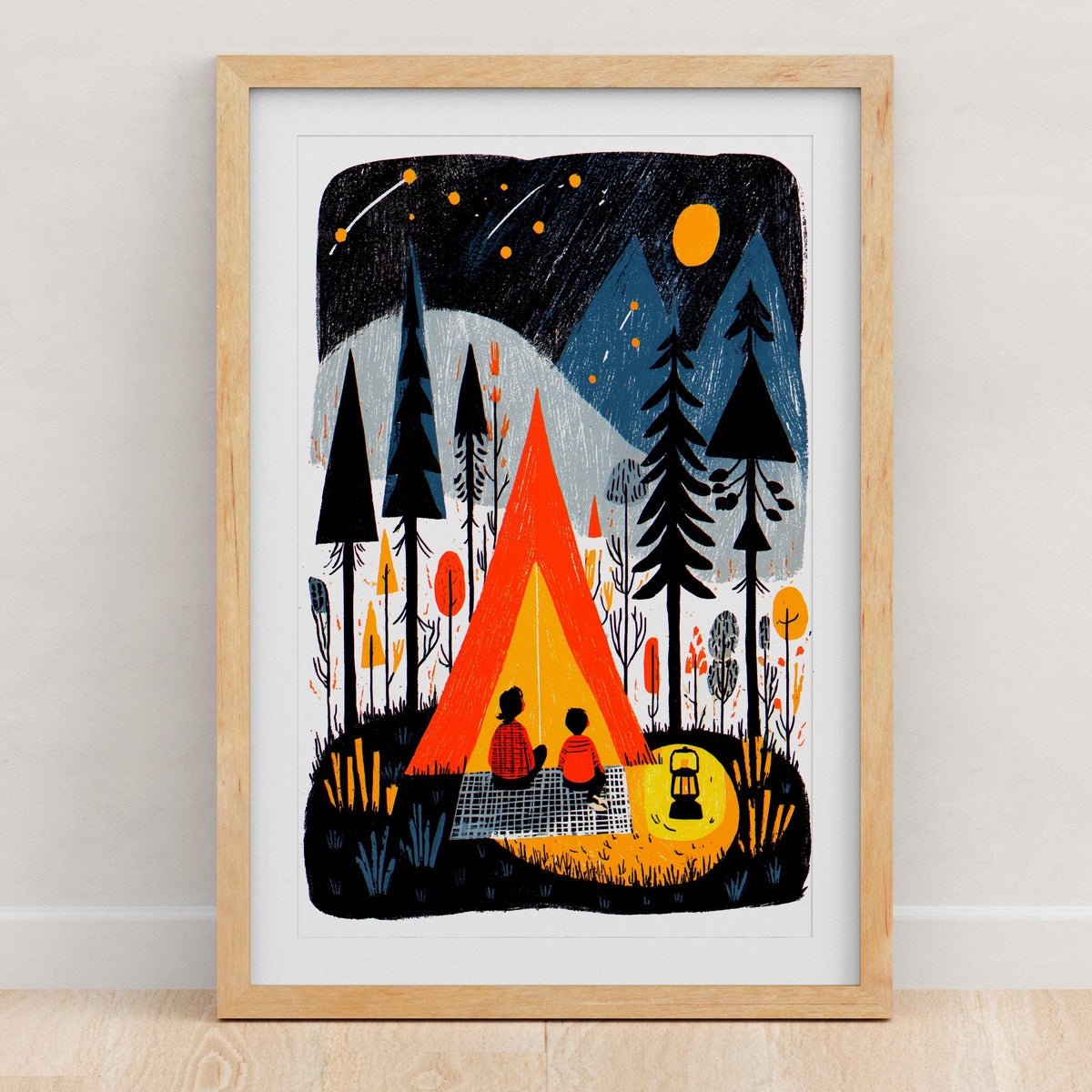 Camping folk art wall print, linocut style wilderness scene
