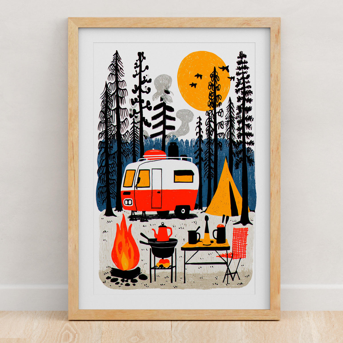 Camping folk art wall print, linocut style wilderness scene