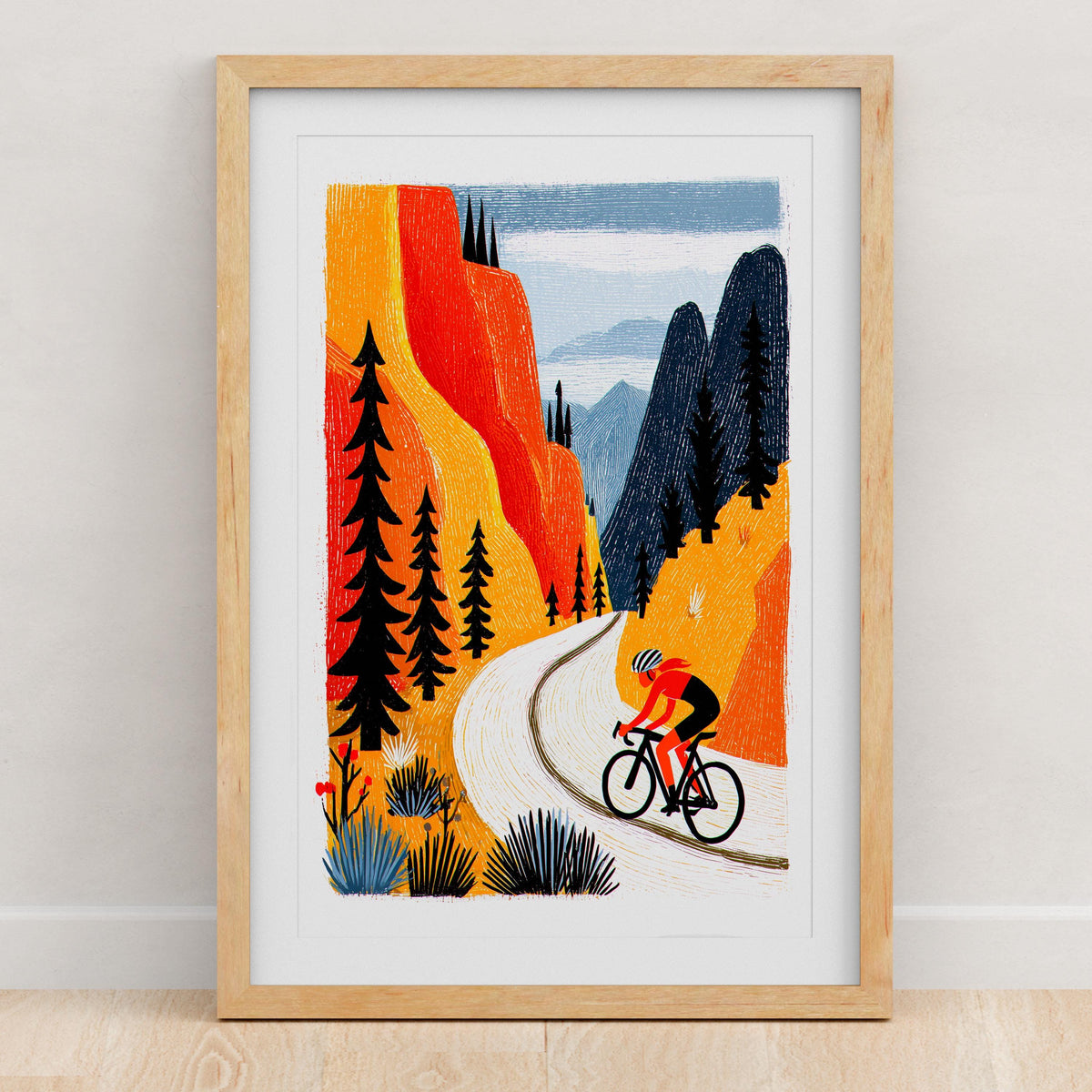 Female Cycling Art Print, Folk-Art Wall Decor