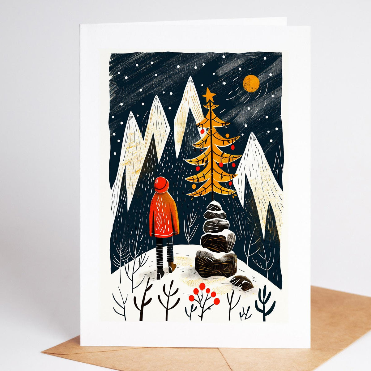 Hiking Christmas card design 8, linocut-style folk art winter trail scene