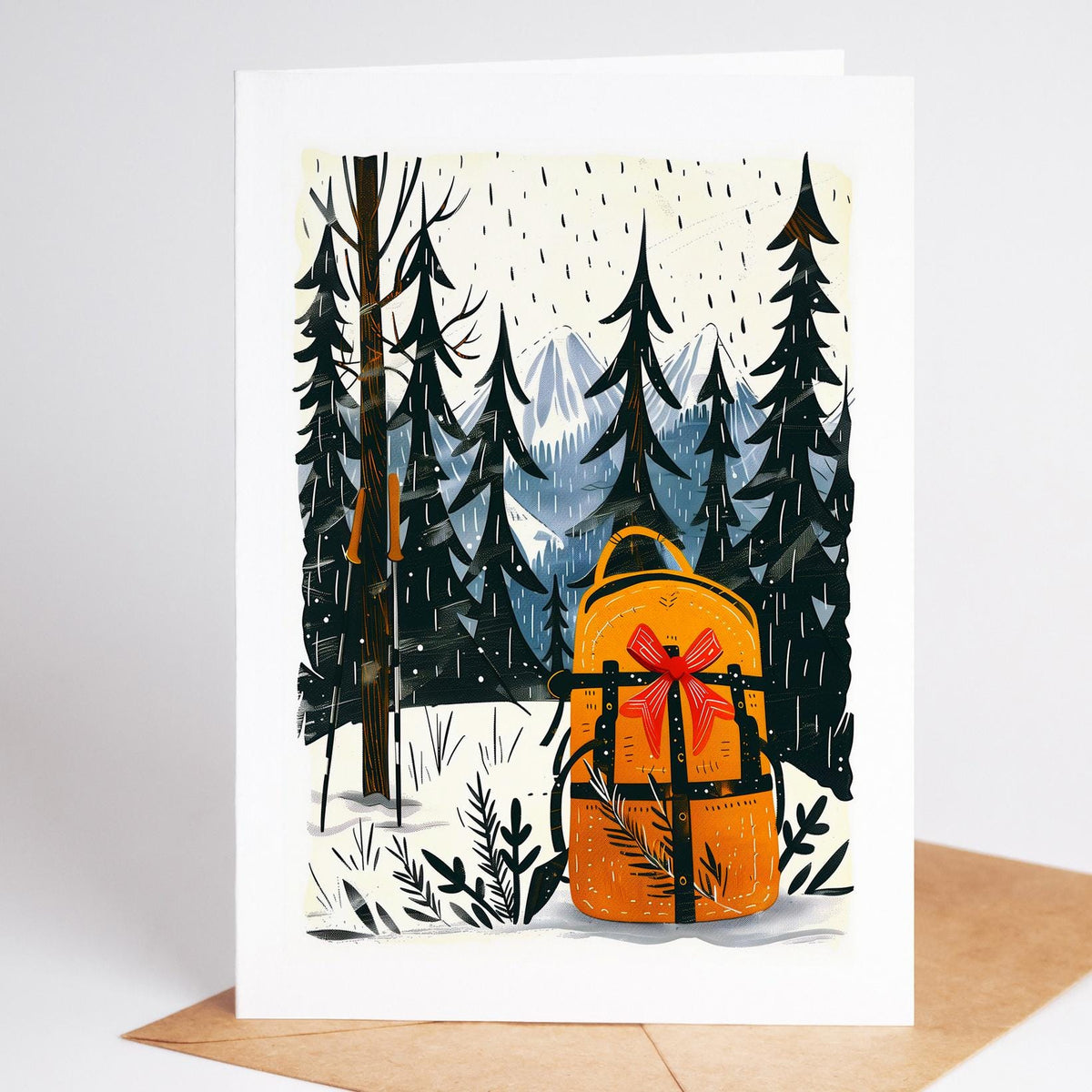 Hiking Christmas card design 9, linocut-style folk art winter trail scene