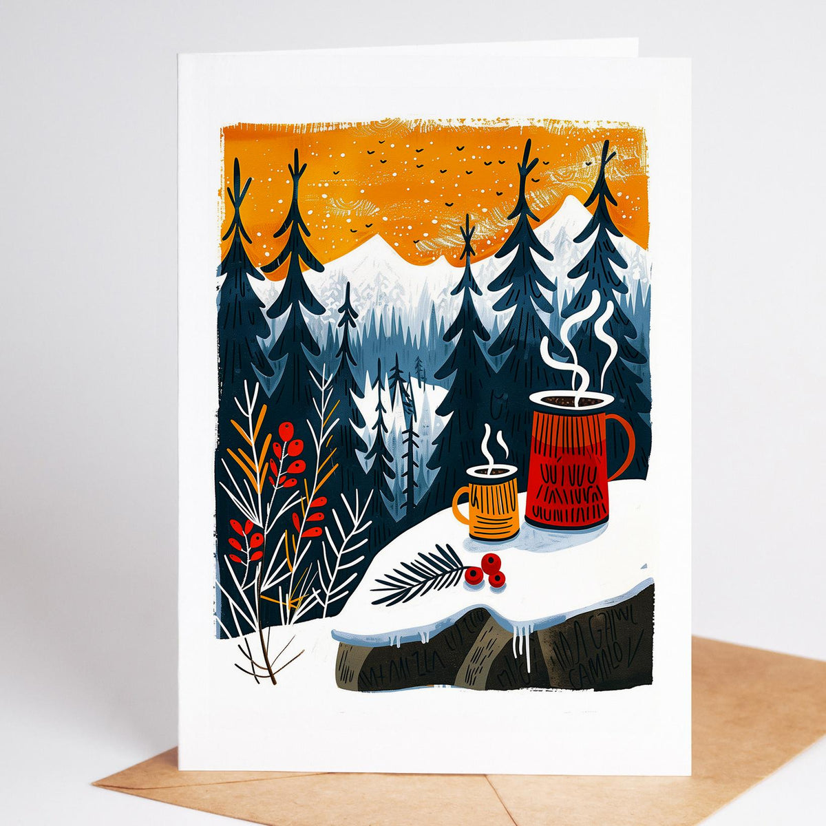 Hiking Christmas card design 10, linocut-style folk art winter trail scene