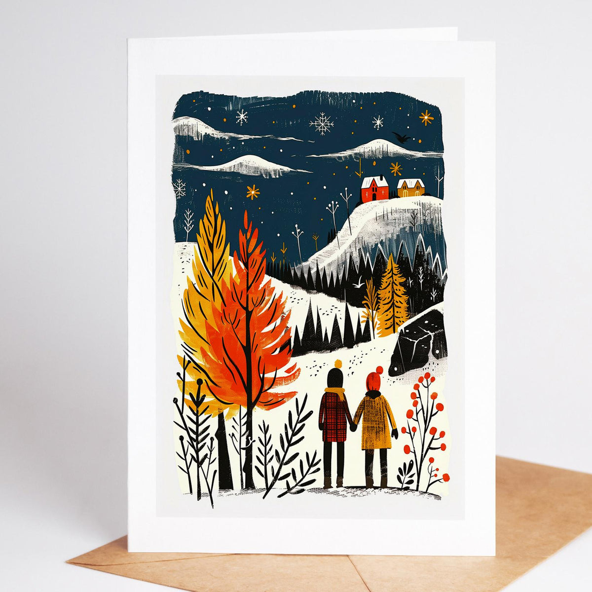 Hiking Christmas card design 11, linocut-style folk art winter trail scene