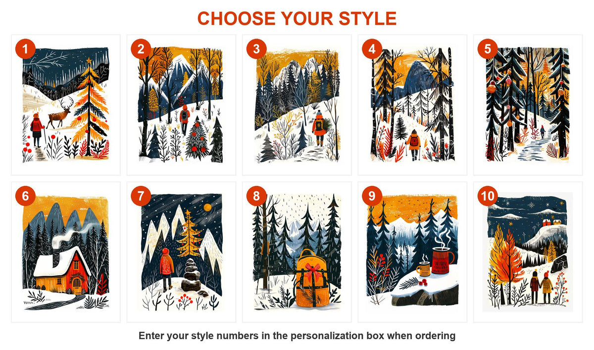 All ten hiking Christmas card designs shown together