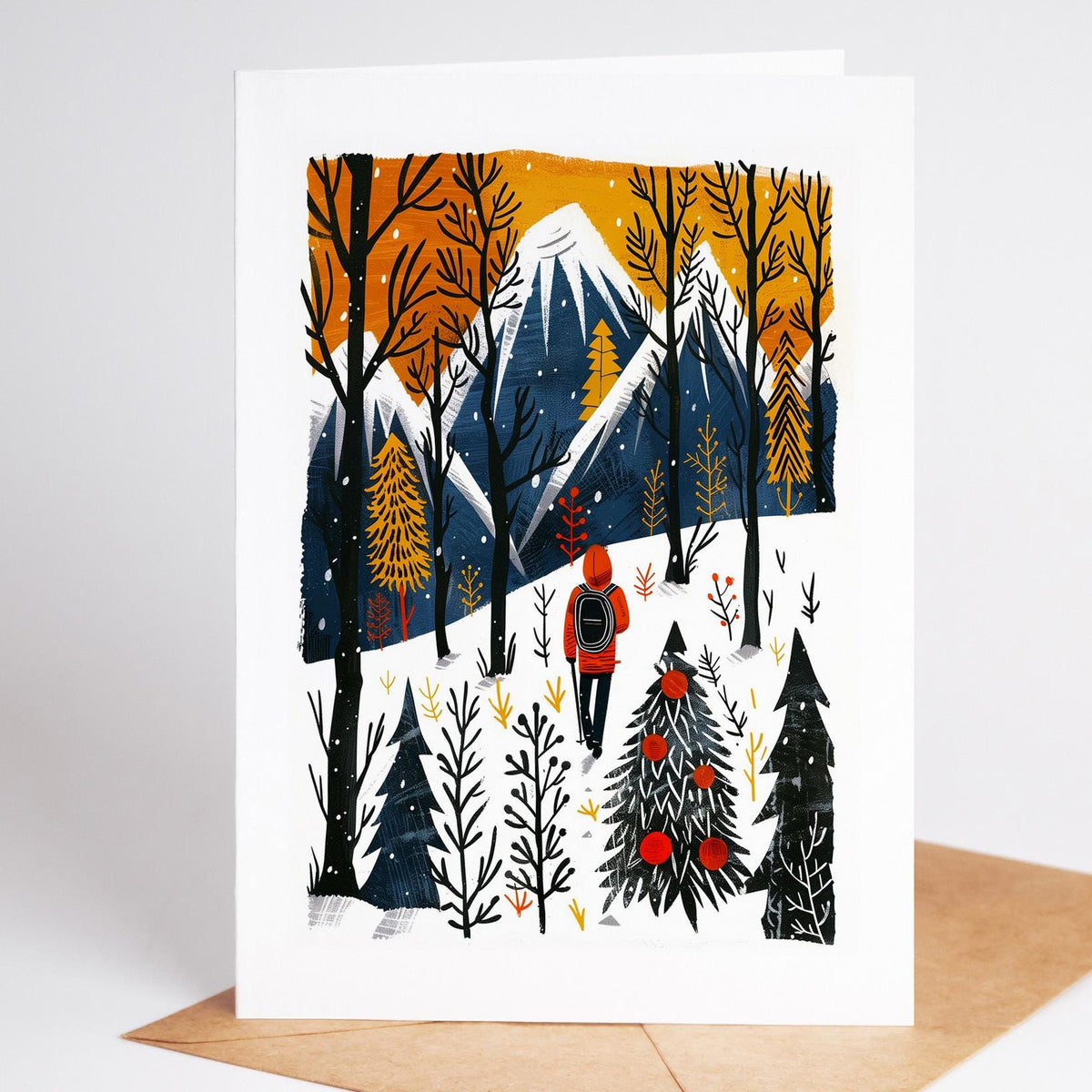 Hiking Christmas card design 3, linocut-style folk art winter trail scene