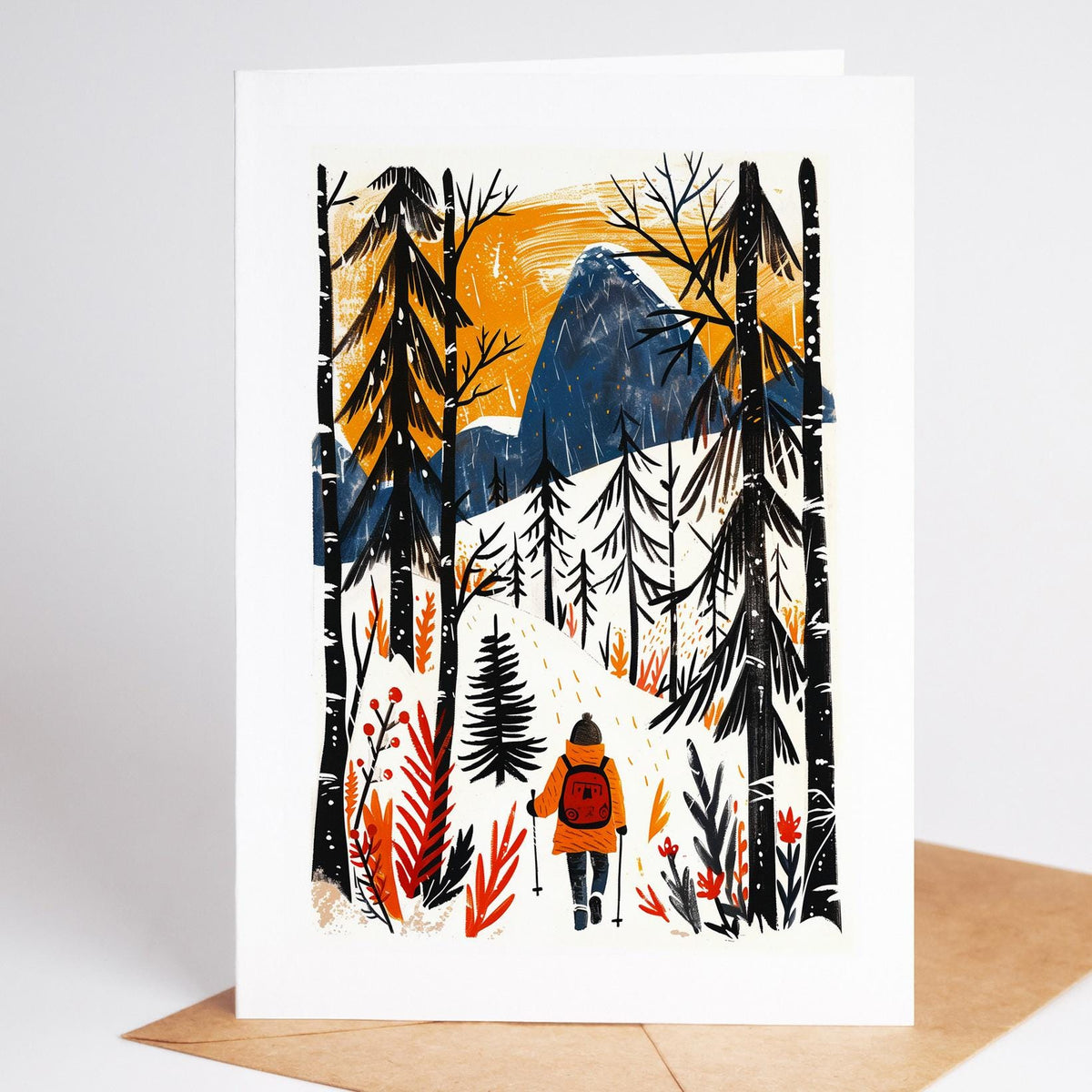 Hiking Christmas card design 5, linocut-style folk art winter trail scene