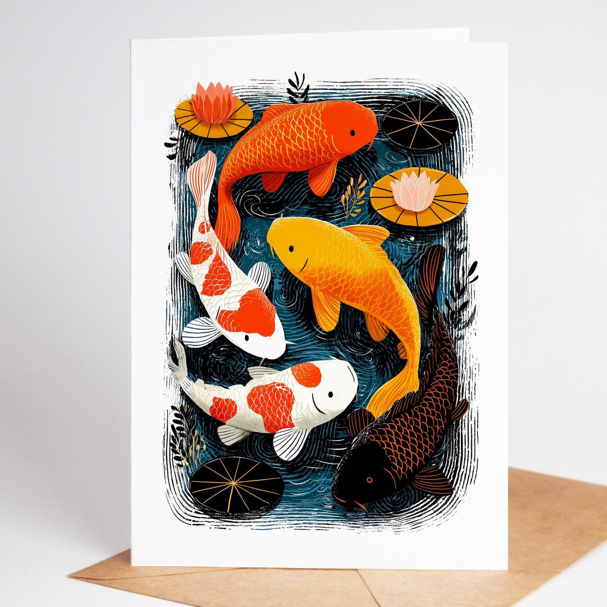 Koi card, orange, gold and white koi beneath lily pads and pink water lilies