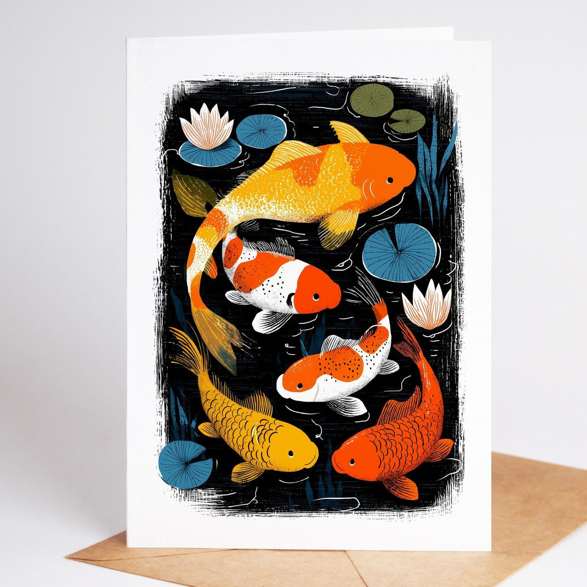 Koi card, a gold koi curling above white and orange koi among blue lily pads