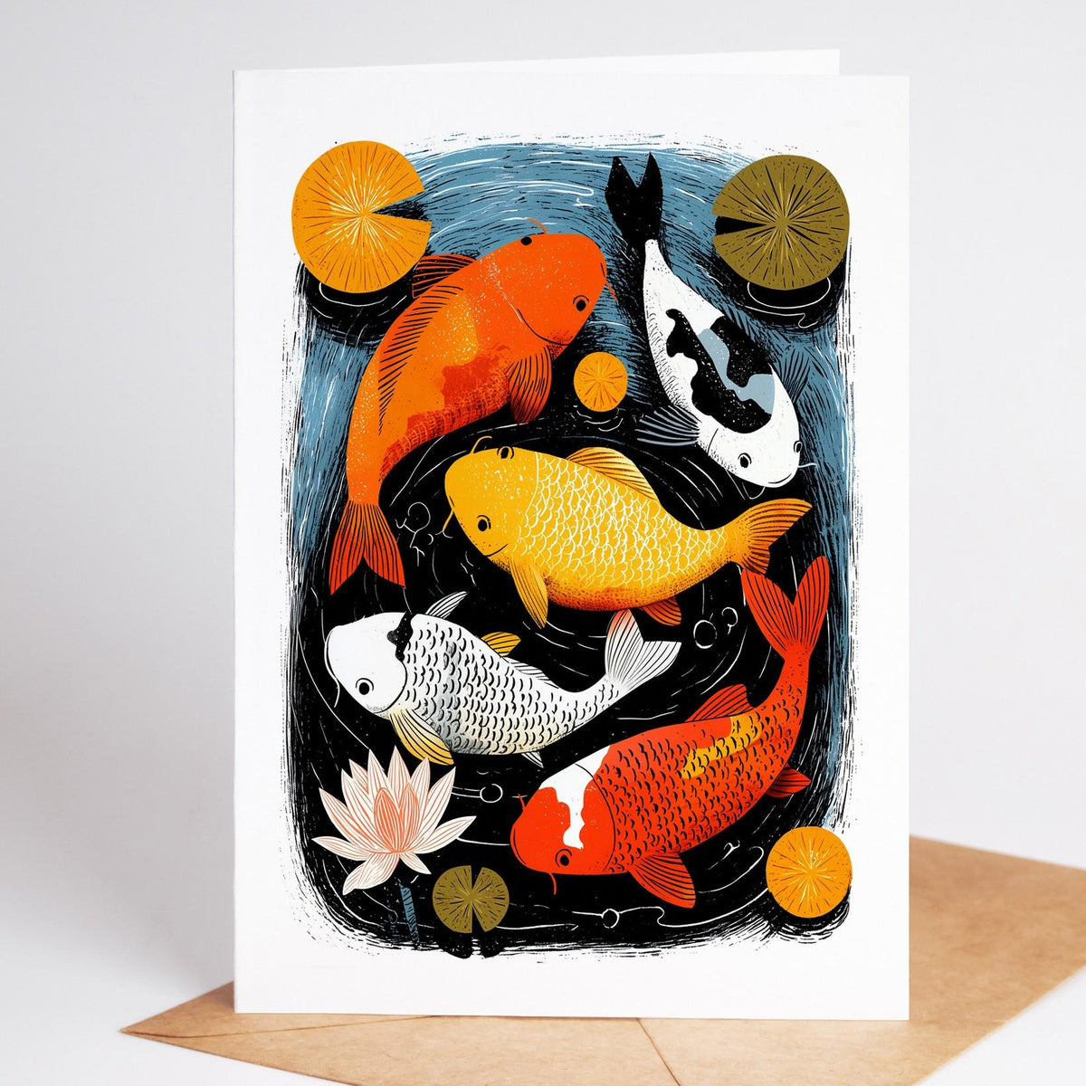 Koi card, orange, gold and white koi between green lily pads and a pink lily