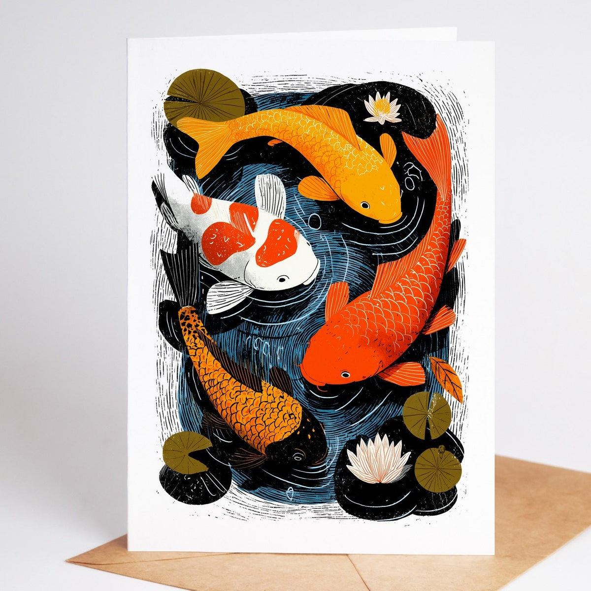 Koi card, gold and orange koi crossing a white koi on dark water