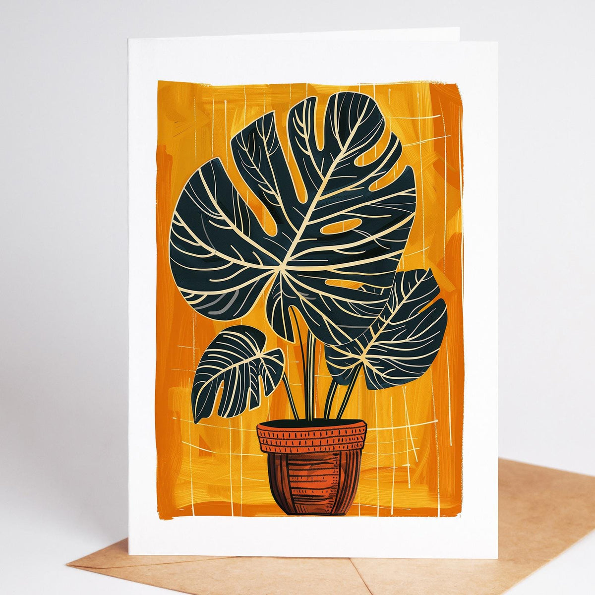 Monstera folk art greeting card standing upright with a kraft envelope