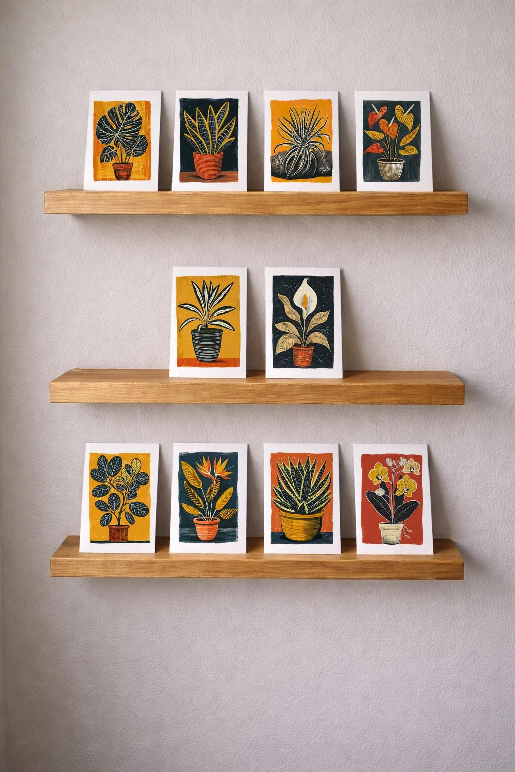 Ten houseplant note cards displayed on three wooden shelves against a grey wall