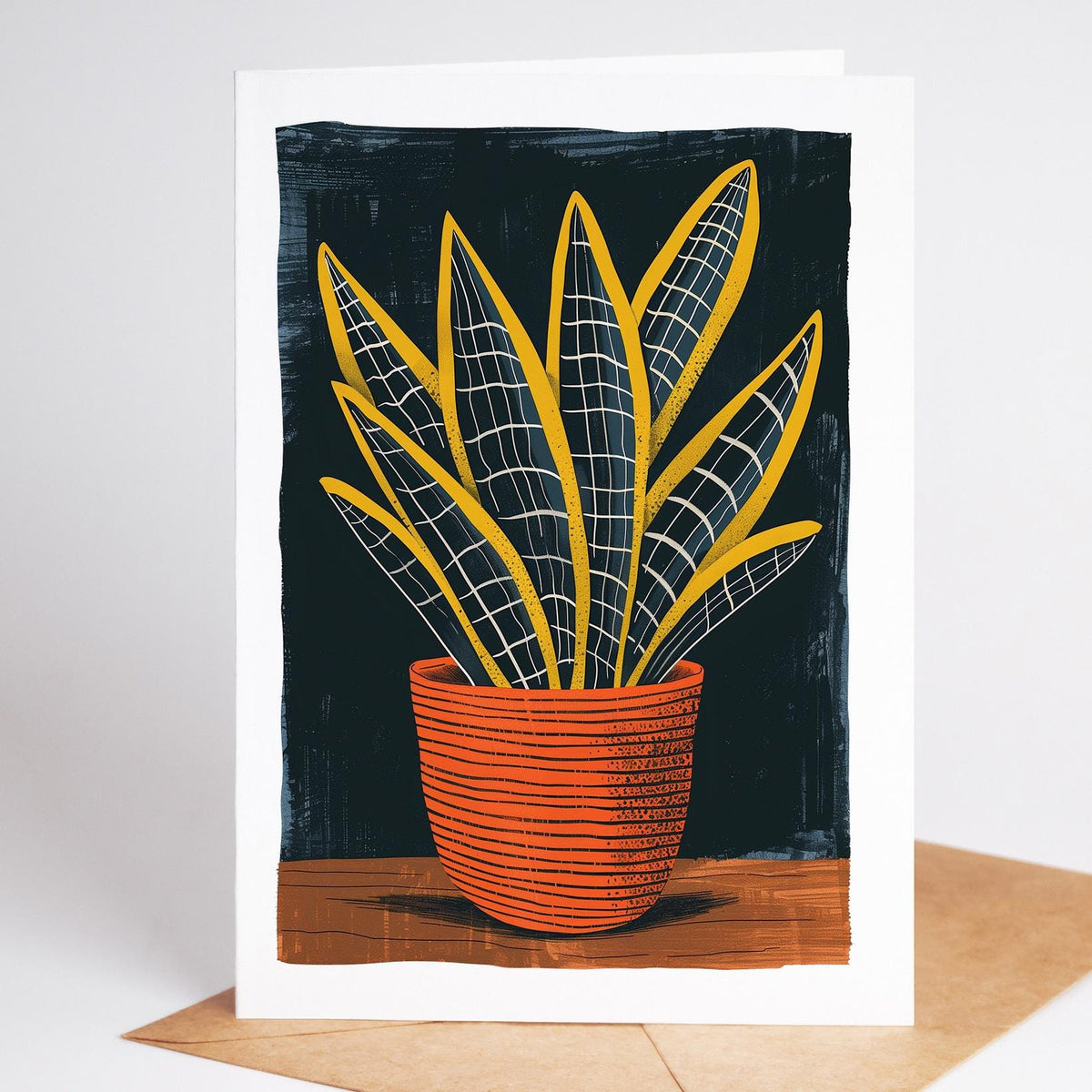 Snake plant folk art note card in a terracotta pot on a navy background