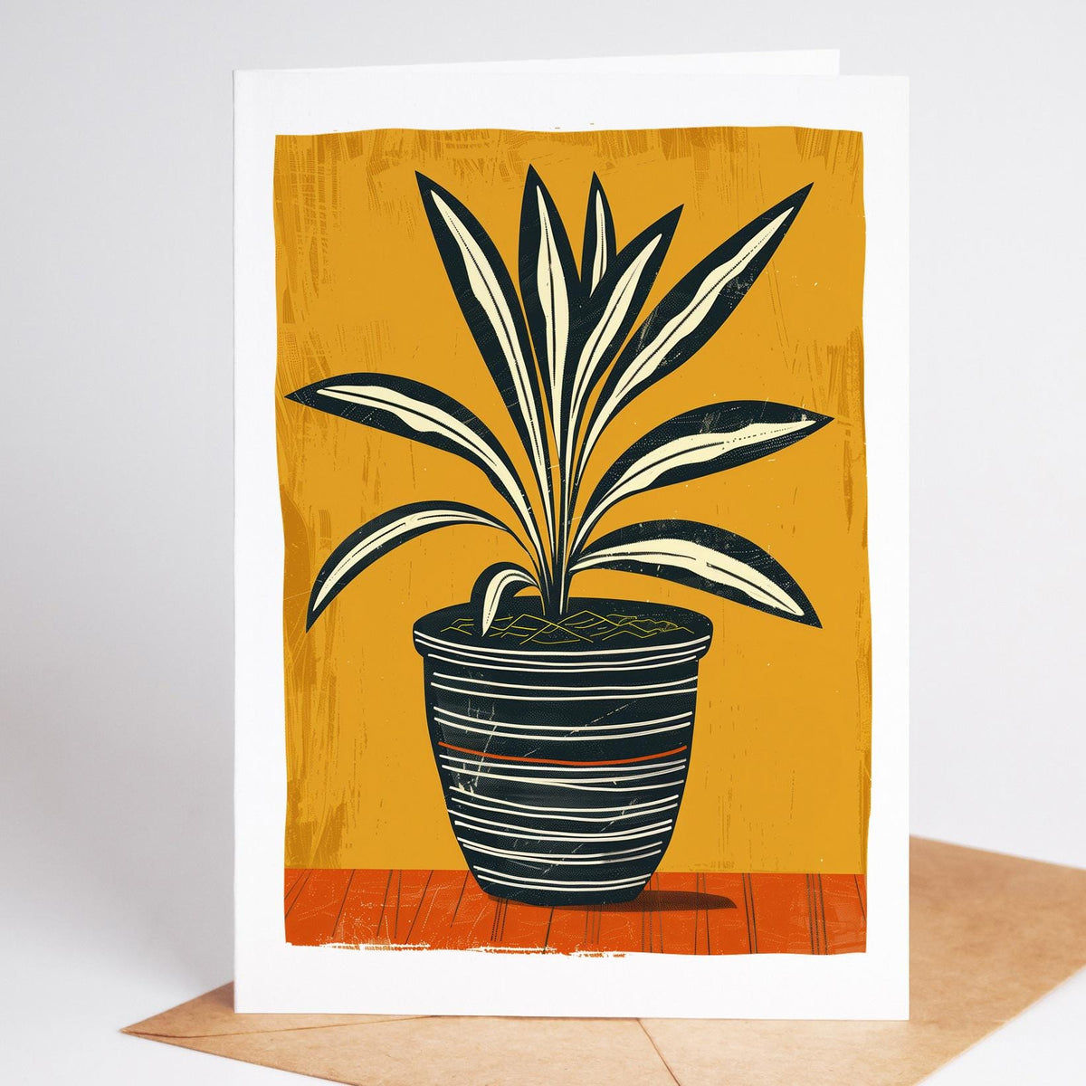 Spider plant folk art note card in a striped pot on a mustard background