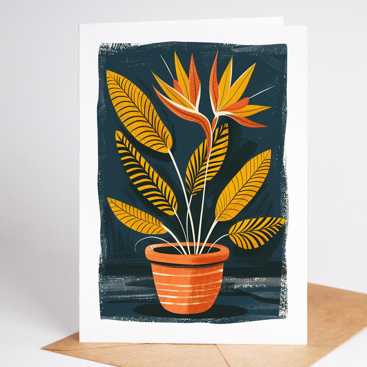 Bird of paradise folk art note card with orange blooms on a navy background