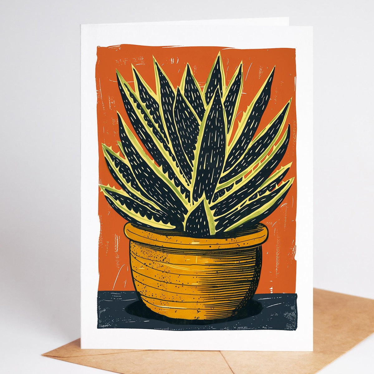 Zebra succulent folk art note card in a yellow pot on an orange background