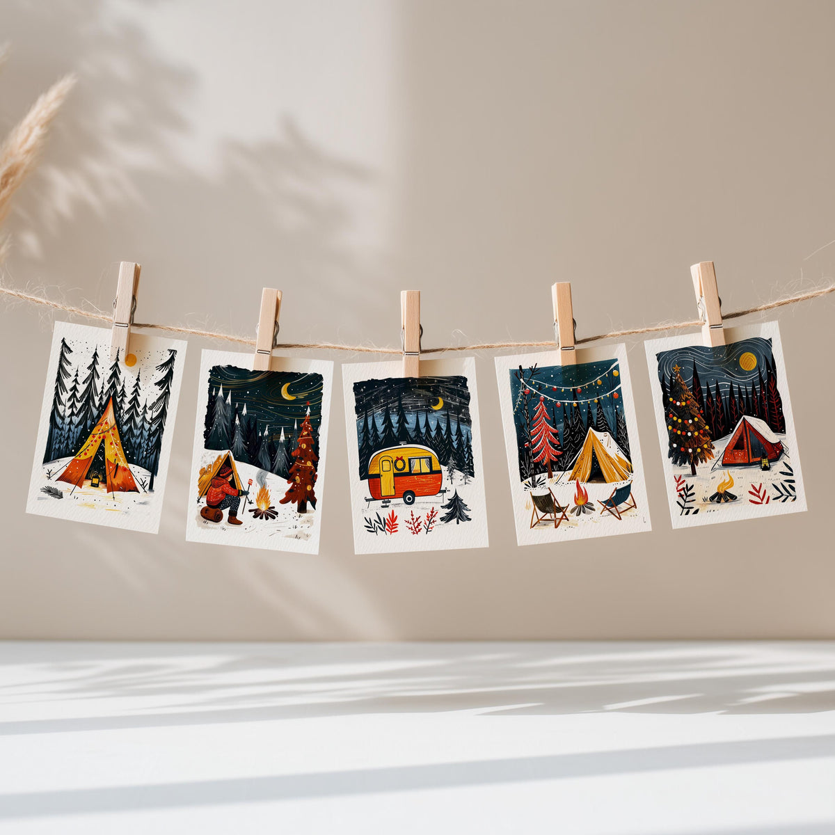 Five camping Christmas cards pegged on a string in winter light