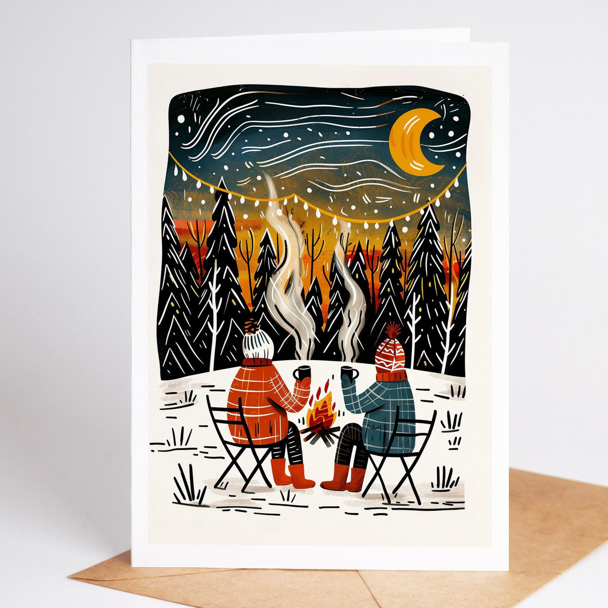 Camping Christmas card of two people by a campfire under string lights