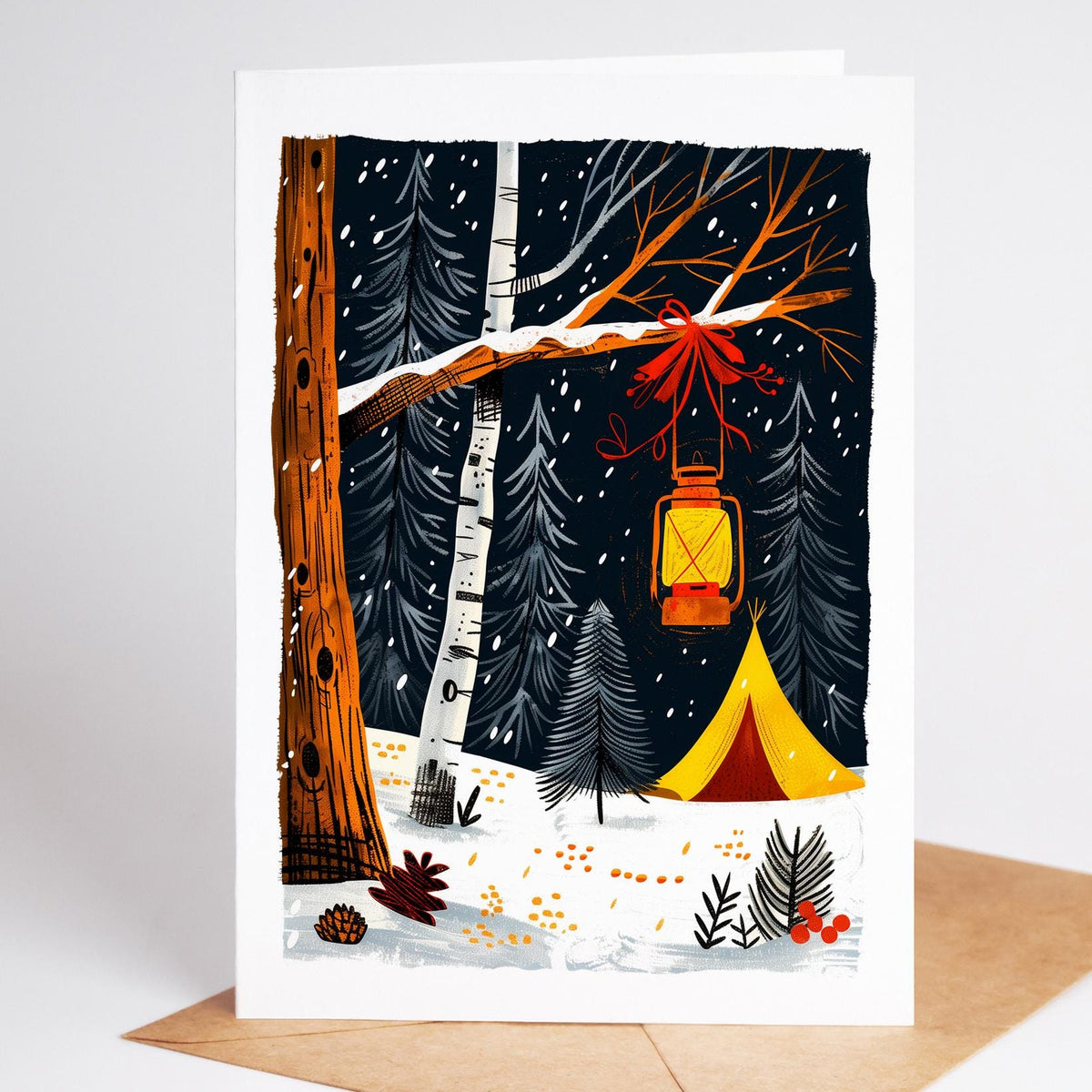 Camping Christmas card of a red lantern hanging from a birch over a yellow tent