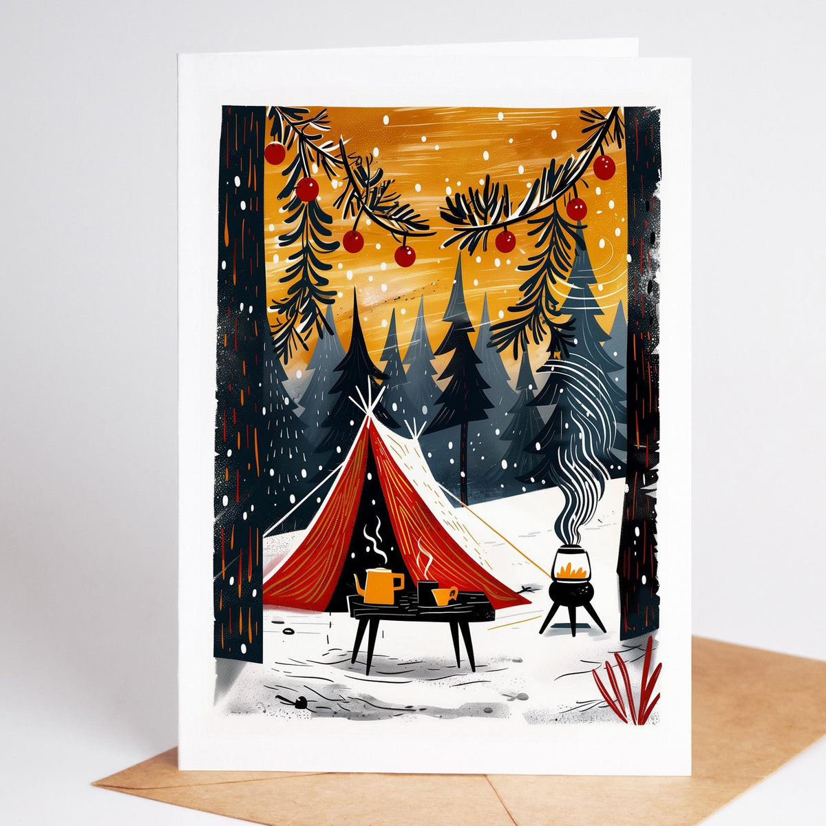 Camping Christmas card of a camp table and red tent under boughs hung with baubles