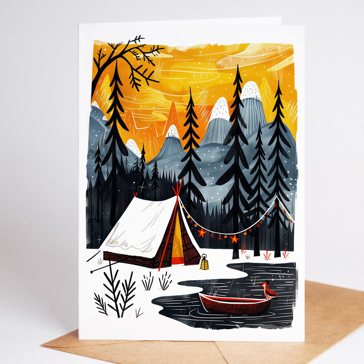 Folk art camping Christmas card, white tent with star garland and red canoe on a winter lake, cardinal bird, snowy mount