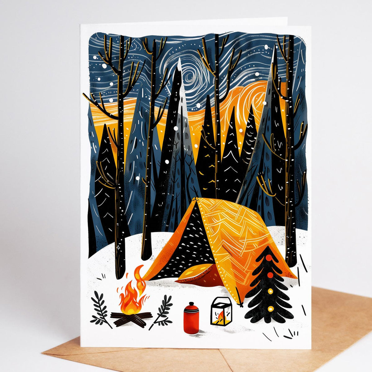 Linocut-style camping Christmas card, orange geometric tent in snowy night forest, campfire, red thermos, lantern, and s