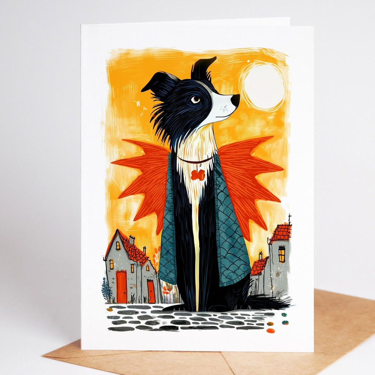 Border Collie Halloween card design 2, linocut-style folk art dog in costume