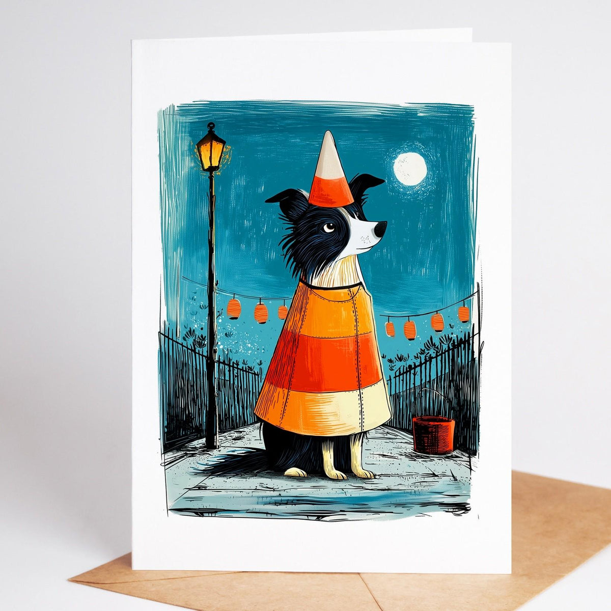 Border Collie Halloween card design 4, linocut-style folk art dog in costume