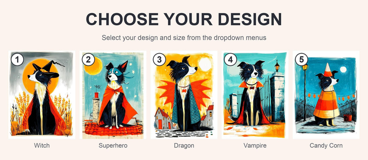 All five Border Collie Halloween print designs shown together