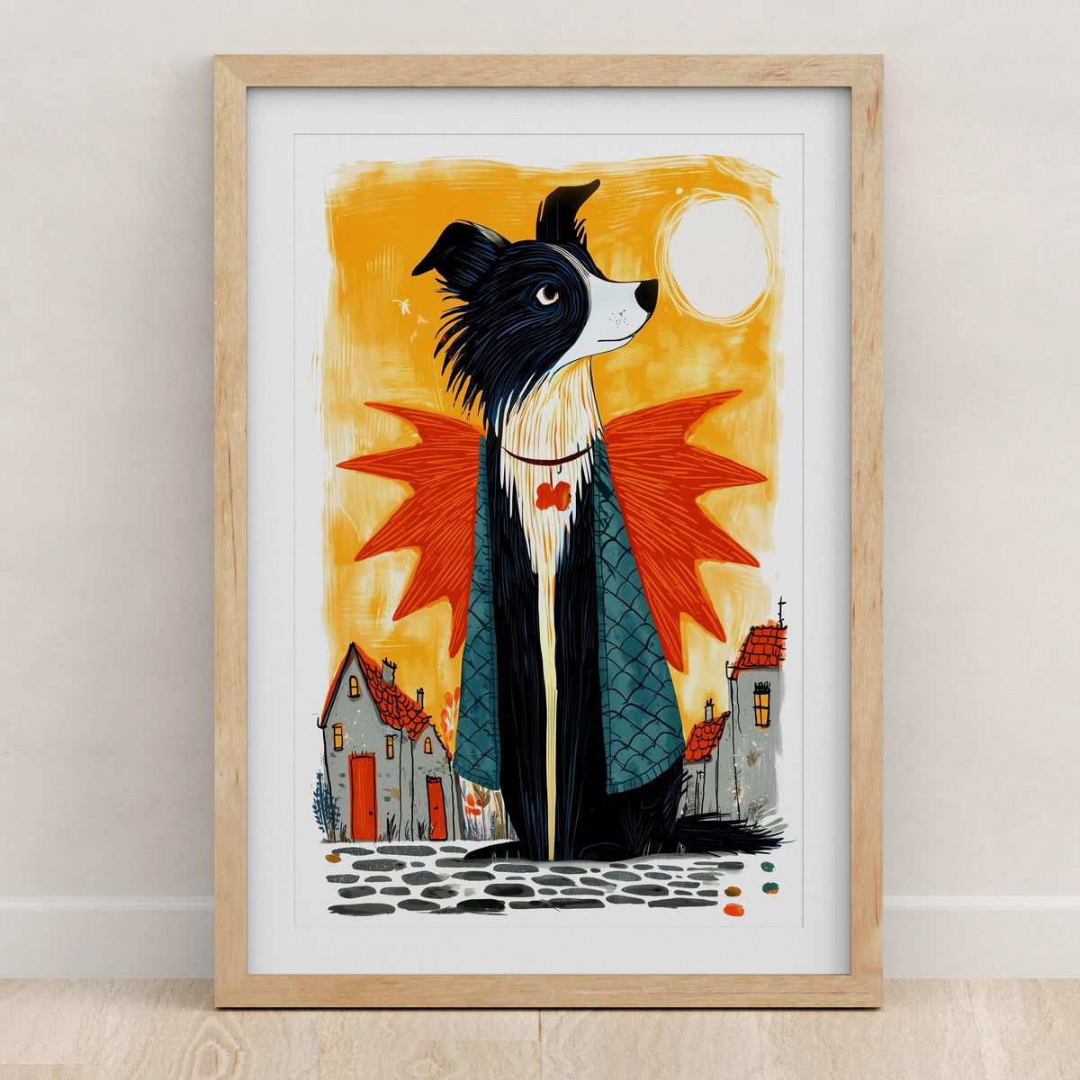Border Collie Halloween art print design 2, folk art dog in costume