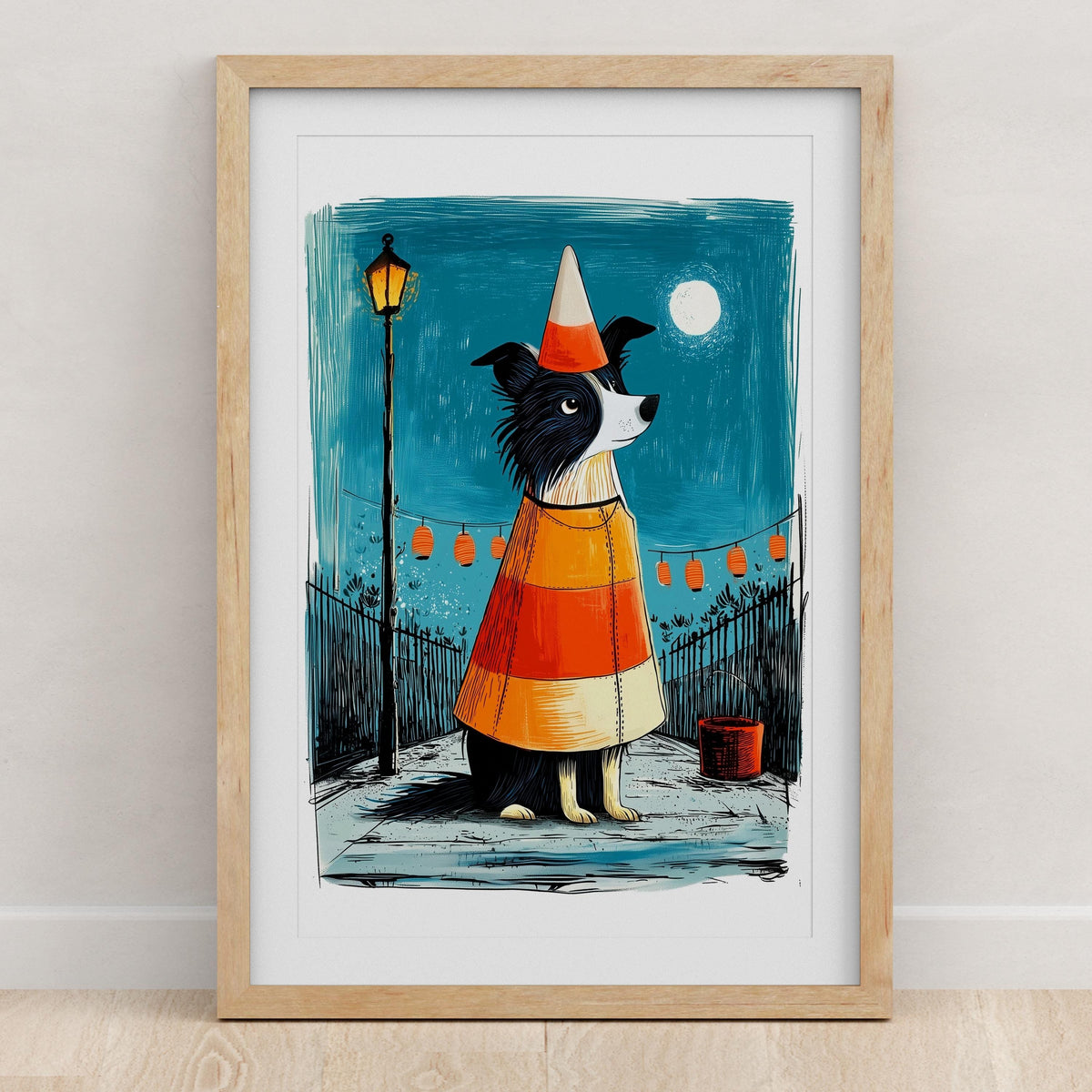 Border Collie Halloween art print design 4, folk art dog in costume