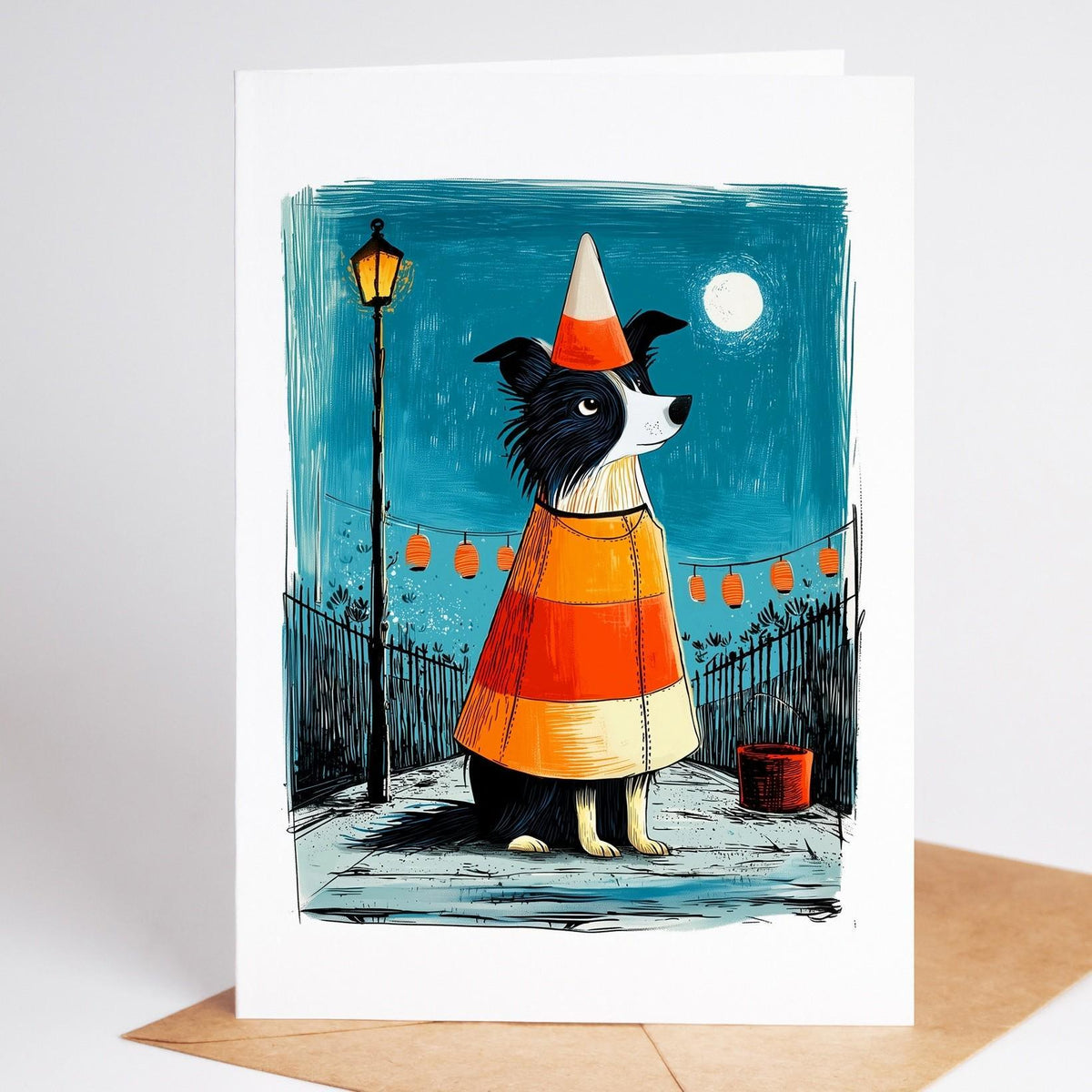 Border Collie Halloween single card design 4, linocut-style folk art