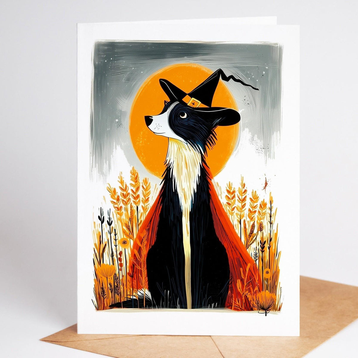 Border Collie Halloween single card, folk art dog in costume with envelope