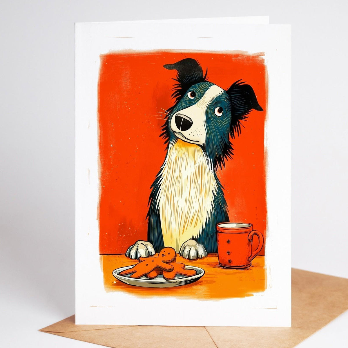 Border Collie Christmas card standing with its envelope, folk art dog at a plate of gingerbread men