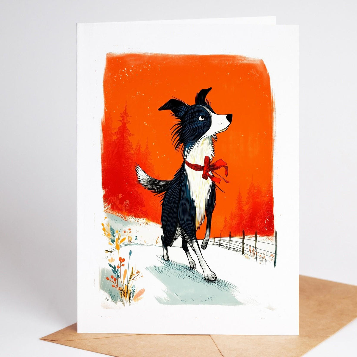 Border Collie Christmas card standing with its envelope, folk art dog in a red bow trotting through snow